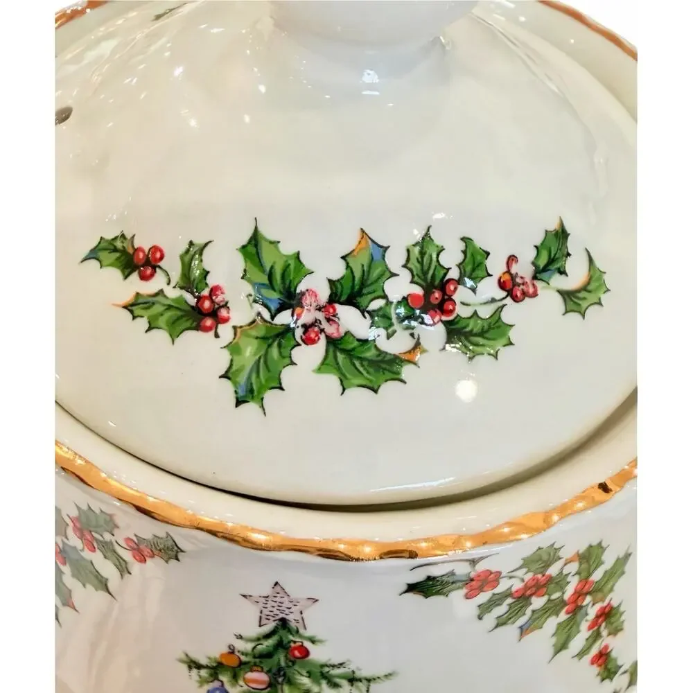 Vintage Schmid England Porcelain Christmas Musical Teapot WORKS O Xmas Tree